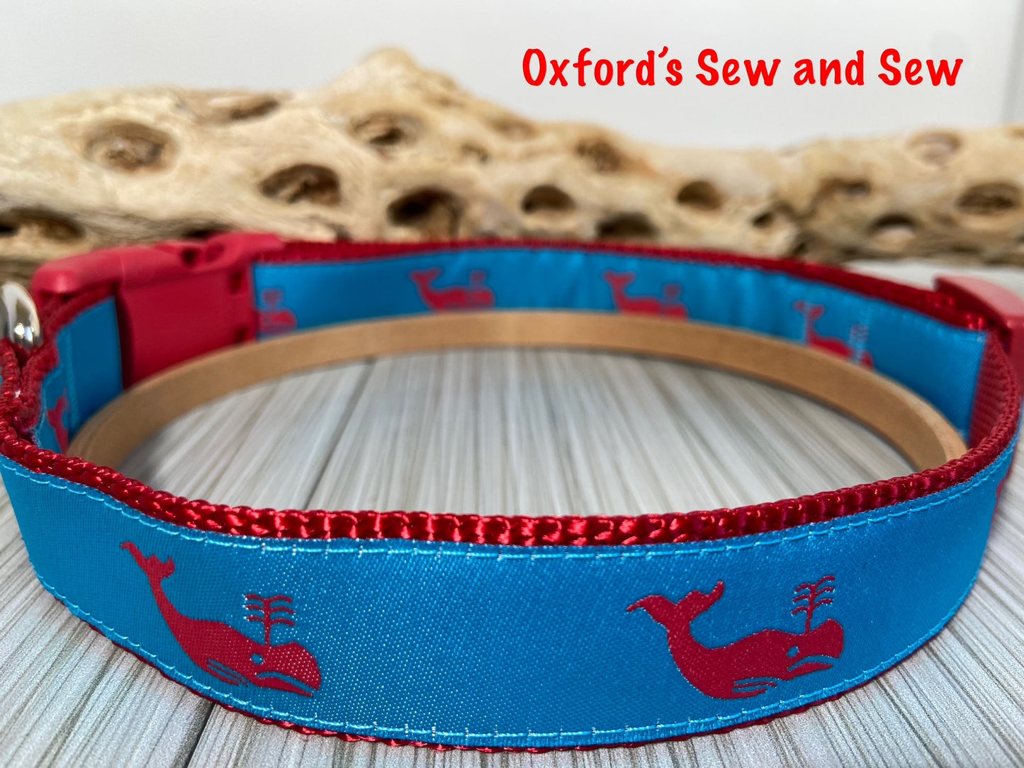 Preppy Whale turquoise and red Adjustable Dog Collar