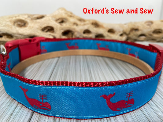 Preppy Whale turquoise and red Adjustable Dog Collar