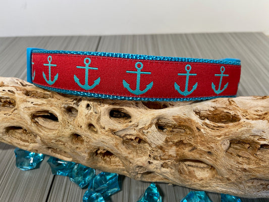 Preppy Red Anchors Adjustable Dog Collar